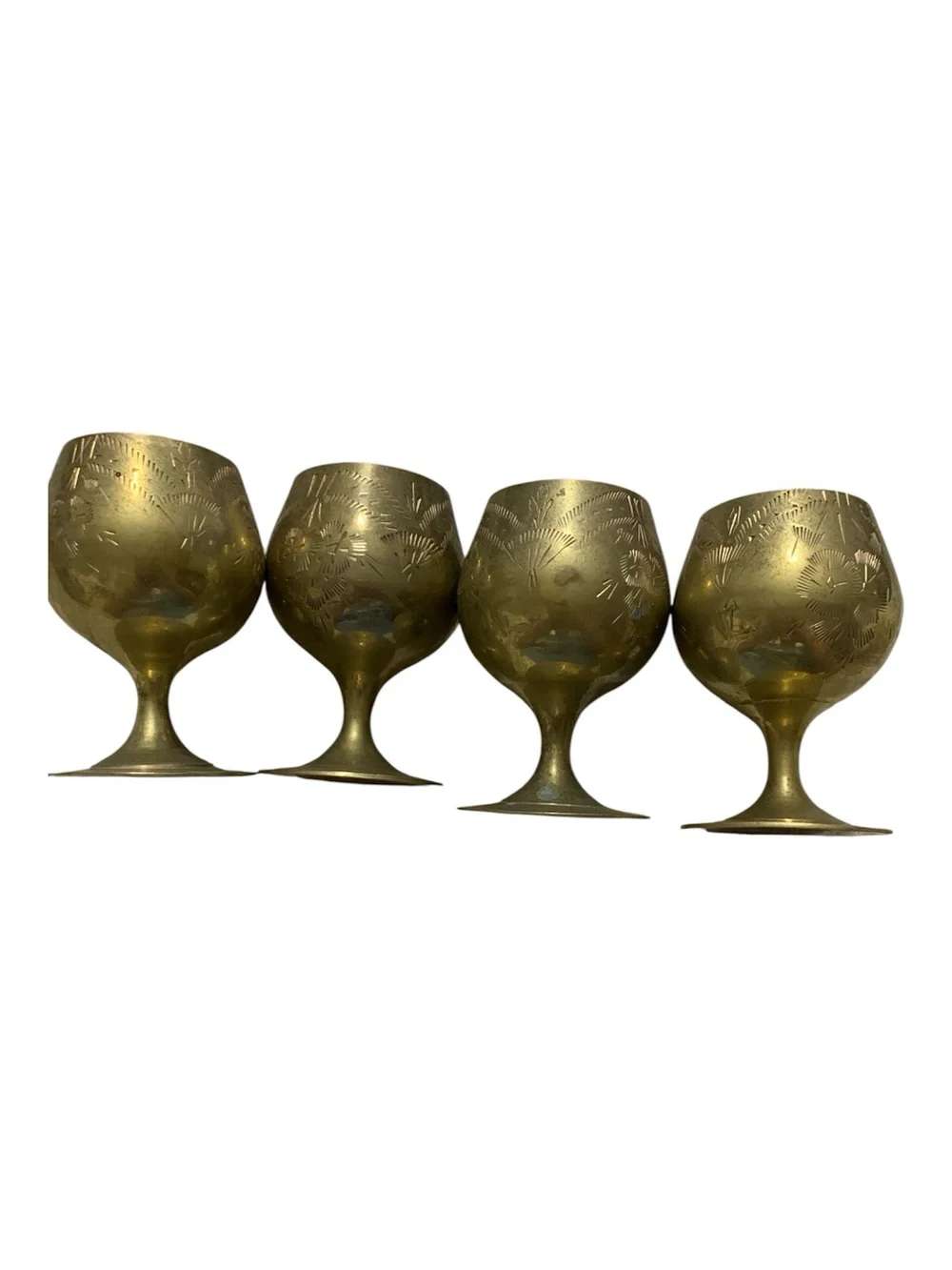 Set of 4 vintage  etched brass mini goblets handcrafted in India.
